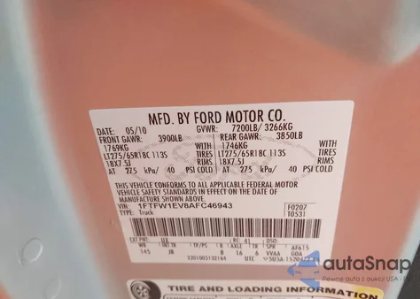 2010 Ford F-150 Fx4/Harley-Davidson/King Ranch/Lariat/Platinum/Xl/Xlt z USA, uszkodzony, nr VIN 1FTFW1EV8AFC46943